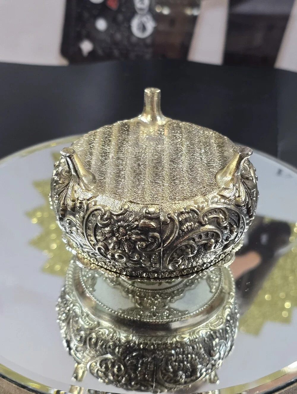 Vintage Bijoux Silver Tone Floral Round Porcelain & Metal Trinket Box